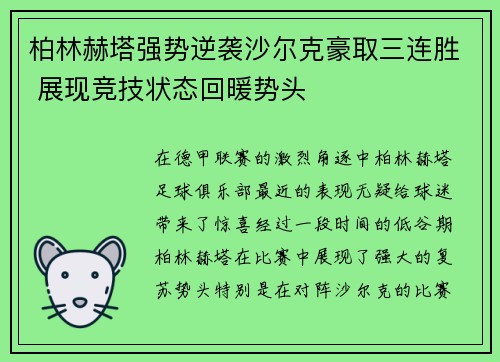 柏林赫塔强势逆袭沙尔克豪取三连胜 展现竞技状态回暖势头