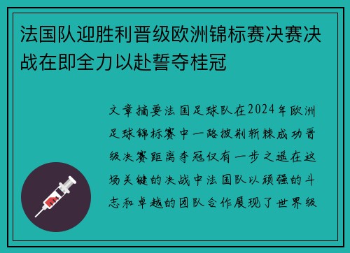 法国队迎胜利晋级欧洲锦标赛决赛决战在即全力以赴誓夺桂冠