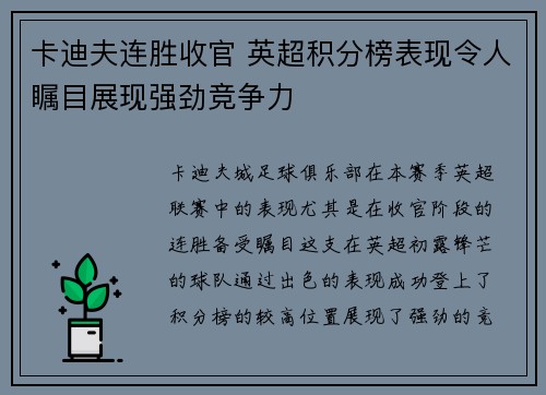 卡迪夫连胜收官 英超积分榜表现令人瞩目展现强劲竞争力