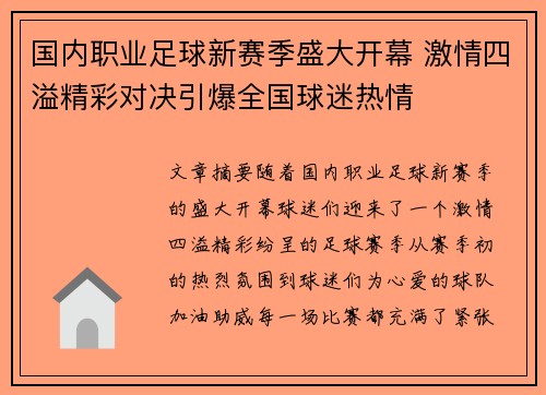 国内职业足球新赛季盛大开幕 激情四溢精彩对决引爆全国球迷热情