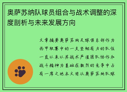 奥萨苏纳队球员组合与战术调整的深度剖析与未来发展方向