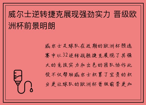 威尔士逆转捷克展现强劲实力 晋级欧洲杯前景明朗