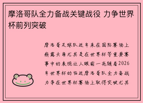 摩洛哥队全力备战关键战役 力争世界杯前列突破