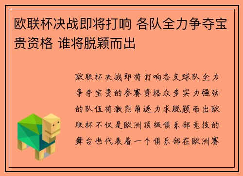 欧联杯决战即将打响 各队全力争夺宝贵资格 谁将脱颖而出
