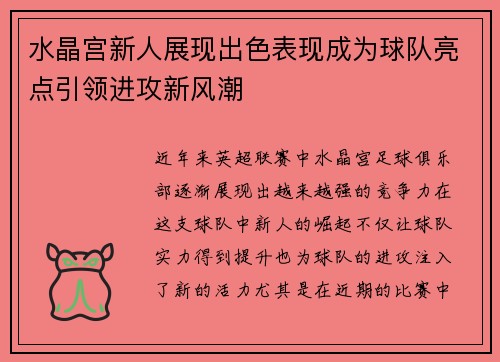 水晶宫新人展现出色表现成为球队亮点引领进攻新风潮