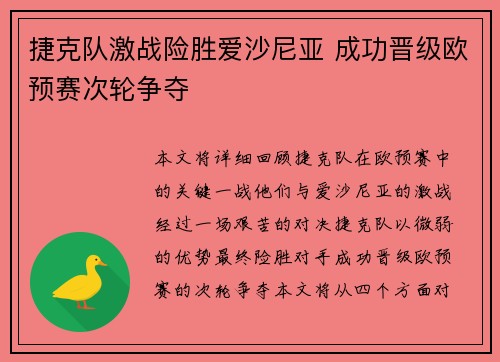 捷克队激战险胜爱沙尼亚 成功晋级欧预赛次轮争夺