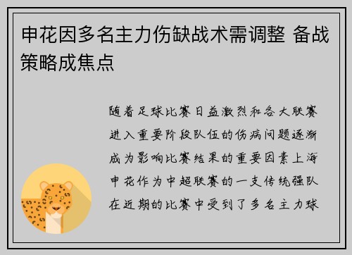 申花因多名主力伤缺战术需调整 备战策略成焦点